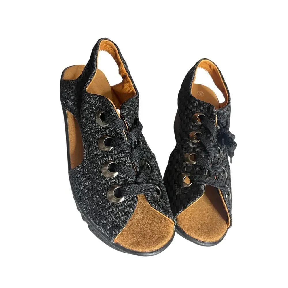 Bernie Mev Marcelo Lace Up Sandal Women 8/39 Black Boho Woven 2.75" Wedge NWOB - Picture 4 of 9
